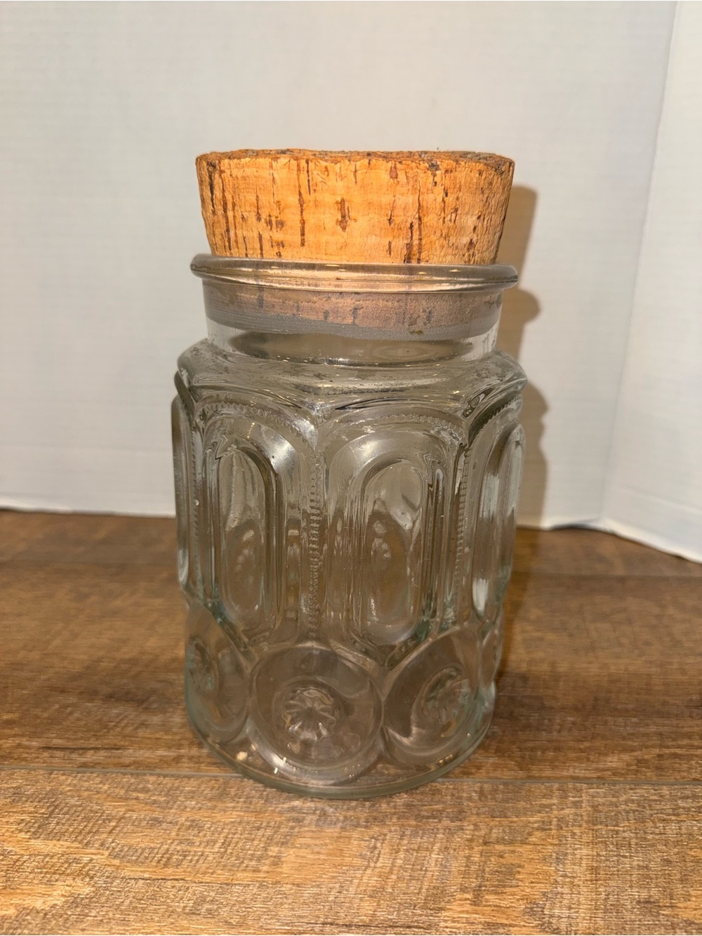 Vintage Clear Pressed Glass Apothecary Storage Jar Large Cork Lid 8”